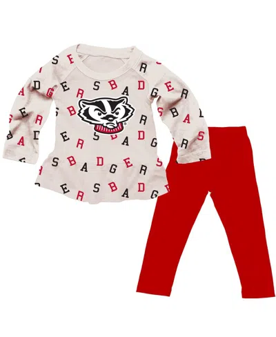 WES & WILLY BABY GIRLS 2-PIECE OATMEAL WISCONSIN BADGERS RUFFLE RAGLAN LONG SLEEVE T-SHIRT AND LEGGINGS SET