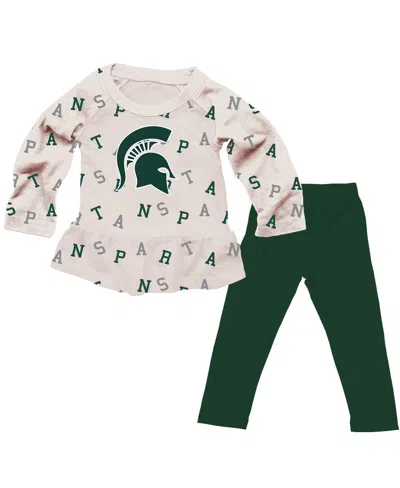 Wes & Willy Baby Girls Oatmeal Michigan State Spartans Ruffle Raglan Long Sleeve T-shirt And Leggings Set In Multi