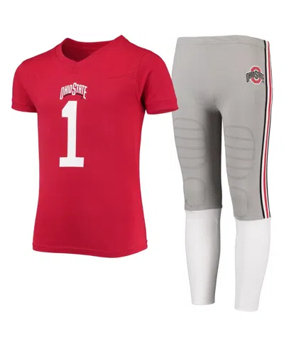 Wes & Willy Kids' Big Boys  Scarlet And Gray Ohio State Buckeyes Team Logo Football Pajama Set In Scarlet,gray