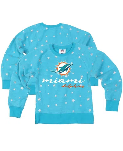 Wes & Willy Kids' Big Girls Aqua Miami Dolphins Shimmer Star Reverse Fleece Pullover Sweatshirt In Blue