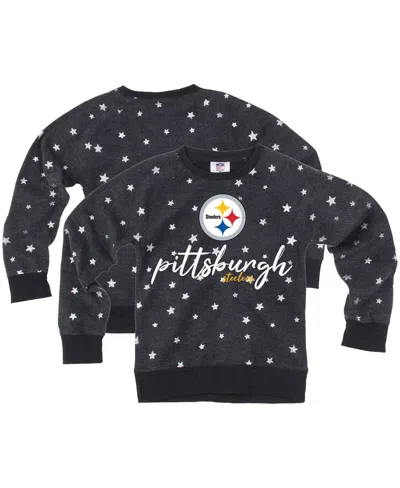 Wes & Willy Kids' Big Girls Charcoal Pittsburgh Steelers Shimmer Star Reverse Fleece Pullover Sweatshirt In Blue