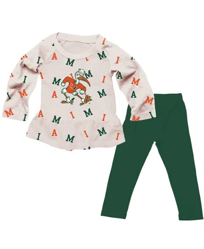Wes & Willy Baby Girls 2-piece Oatmeal Miami Hurricanes Ruffle Raglan Long Sleeve T-shirt And Leggings Set In Brown