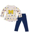 Wes & Willy Girls Toddler 2-piece Oatmeal Michigan Wolverines Ruffle Raglan Long Sleeve T-shirt And Leggings Set In Multi