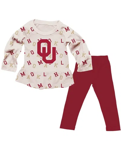 Wes & Willy Babies' Girls Toddler 2-piece Oatmeal Oklahoma Sooners Ruffle Raglan Long Sleeve T-shirt And Leggings Set In Burgundy