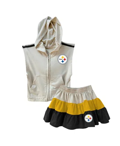 Wes & Willy Kids' Girls Toddler Gold/black Pittsburgh Steelers Sleeveless Full-zip Hoodie And Skirt Set