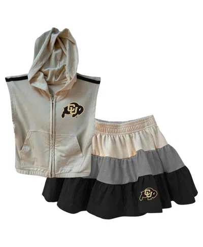Wes & Willy Babies' Girls Toddler Tan Colorado Buffaloes Tri-blend Sleeveless Full Zip Hoodie And Tiered Skirt Set In Gray