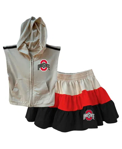 Wes & Willy Babies' Girls Toddler Tan Ohio State Buckeyes Tri-blend Sleeveless Full-zip Hoodie Tiered Skirt Set In Multi