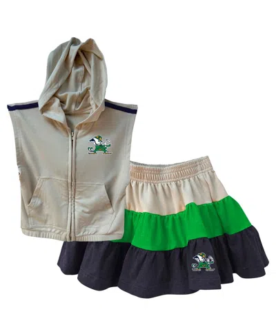 Wes & Willy Babies' Girls Toddler 2-piece Tan/navy Notre Dame Fighting Irish Tri-blend Sleeveless Full-zip Hoodie And Ti In Tan,navy