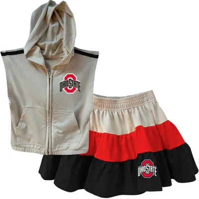 Wes & Willy Kids' Girls Toddler  Tan Ohio State Buckeyes Tri-blend Sleeveless Full-zip Hoodie & Tiered Skir In Brown