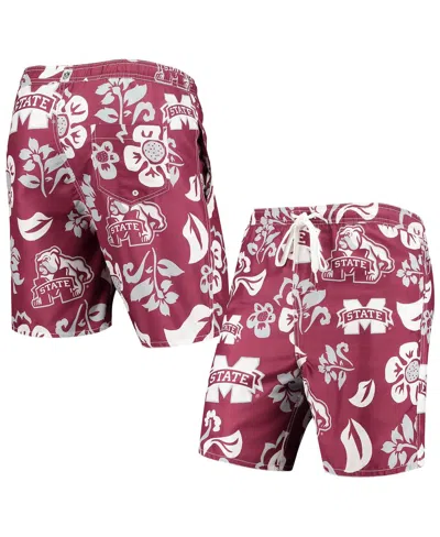 WES & WILLY MEN'S MAROON MISSISSIPPI STATE BULLDOGS FLORAL VOLLEY LOGO SWIM TRUNKS