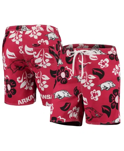 WES & WILLY MEN'S WES & WILLY CARDINAL ARKANSAS RAZORBACKS FLORAL VOLLEY LOGO SWIM TRUNKS
