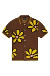 Wesc Daisy Jacquard Short Sleeve Cotton Button-up Polo Sweater In Brown