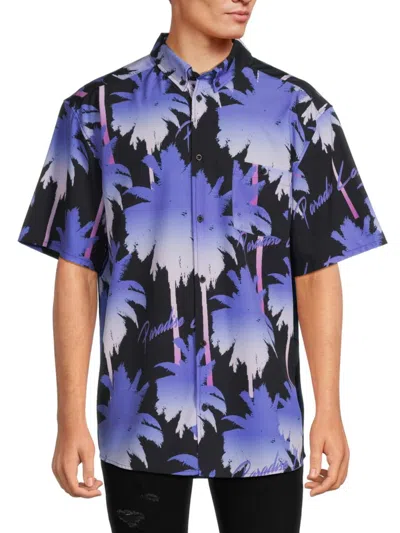 Wesc Men's Short Sleeve Palm Tree Paeadise Button Down Shirt In Black