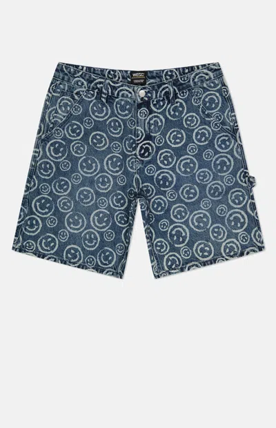 Wesc Men's Smiley Aop Denim Carpenter Baggy Shorts In Med Wash In Blue