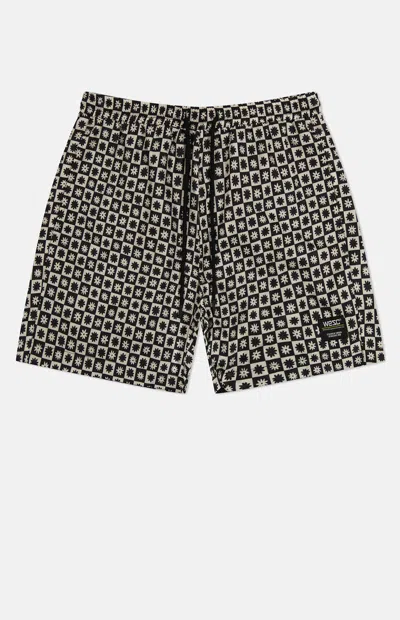 Wesc Men's Zack Checker Daisies Aop 5" Swim Trunks In White In Black