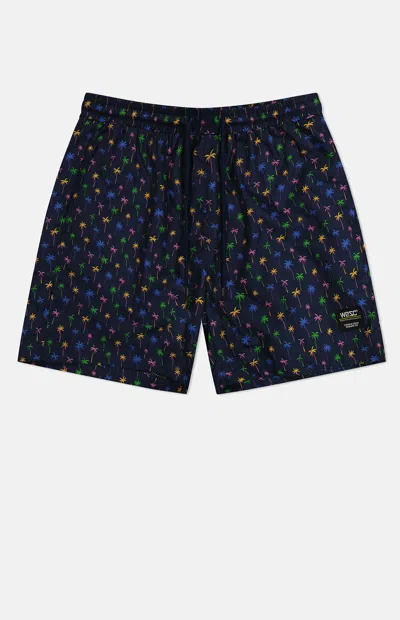 Wesc Men's Zack Micro Palm Aop 5" Swim Trunks In Black In Blue