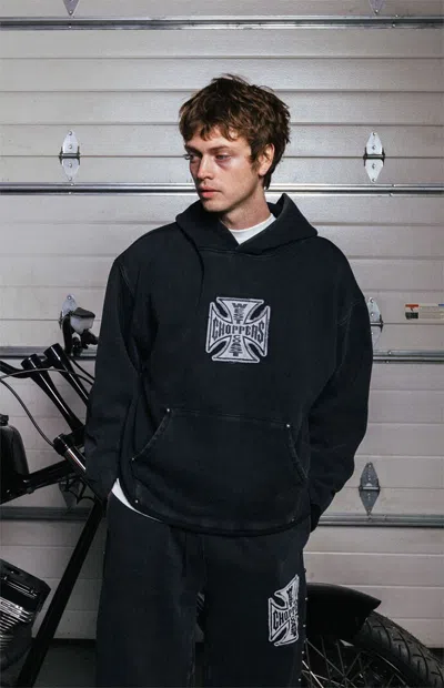 West Coast Choppers Men's Frayed Cross Cropped Hoodie In Washed Black