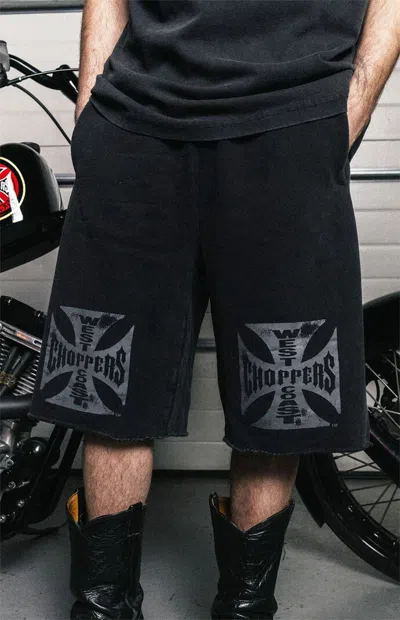 West Coast Choppers Men's Logo Baggy Fleece Sweat Shorts In Washed Black