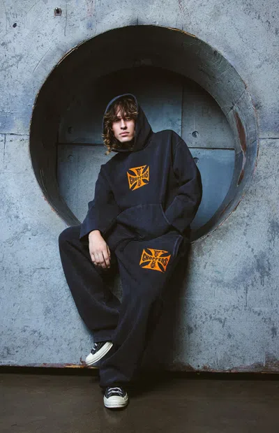 West Coast Choppers Men's Orange Logo Sweatpants In Washed Black