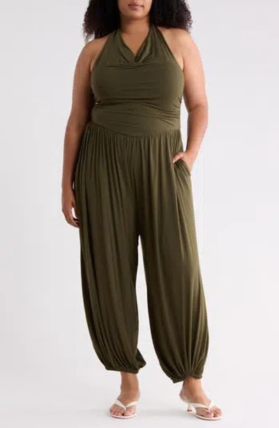 West K Cowl Neck Halter Jumpsuit In Olive