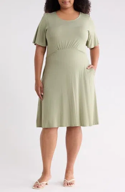 West K Empire Waist Flutter Sleeve Dress In Light Olive