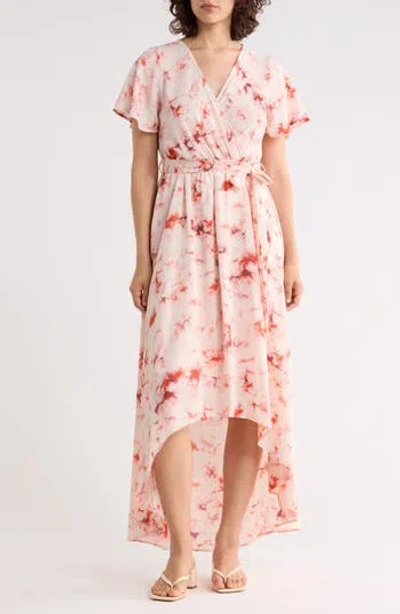 West K Faux Wrap High Low Midi Dress In Pattern