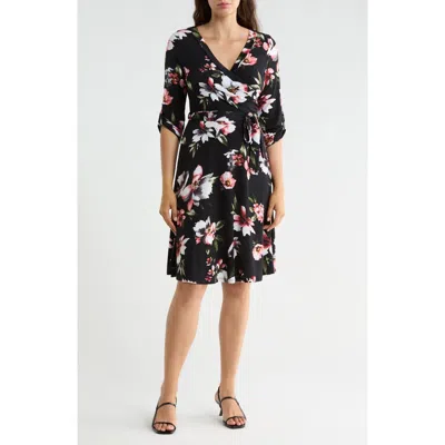 West K Faux Wrap Mid Dress In Black Floral