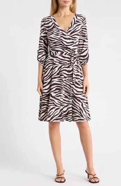 West K Faux Wrap Midi Dress In White Brown Zebra