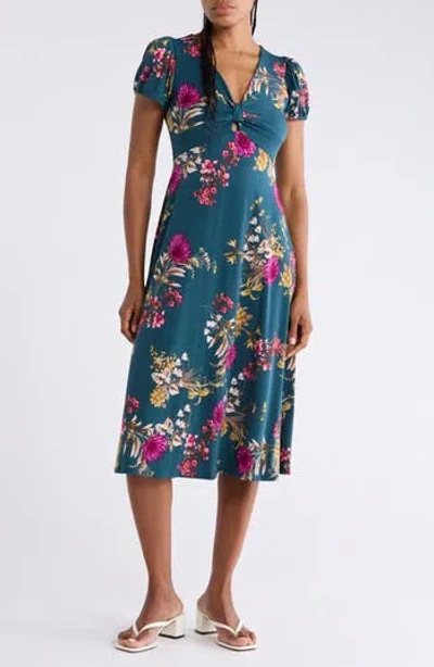 West K Floral Print Keyhole Midi Dress In Blue