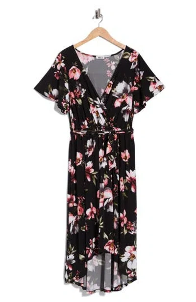 West K Flutter Sleeve High Low Dress In Black Floral