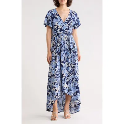West K Flutter Sleeve High-low Dress In Blue/ Navy Paisley