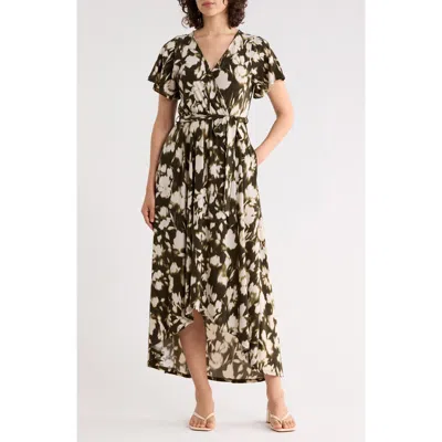 West K Flutter Sleeve High-low Dress In Olive Ink Floral