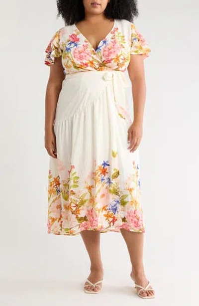 West K Flutter Sleeve Maxi Dress In Ivory/ Floral Multi