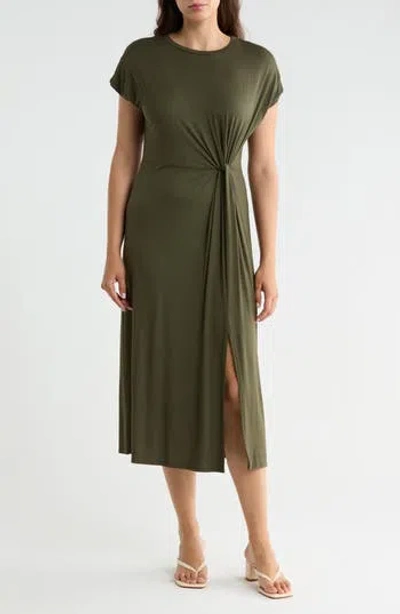 West K Front Knot Cap Sleeve Midi Dress In Olive Green