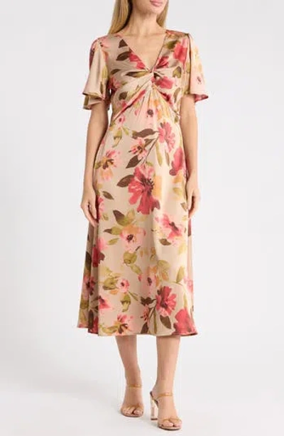 West K Front Twist Flutter Sleeve Midi Dress In Rose Floral