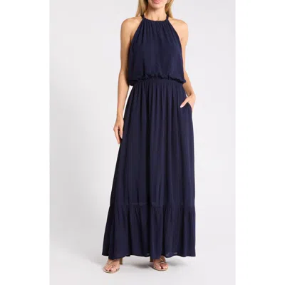 West K Halter Neck Gauze Maxi Dress In Blue