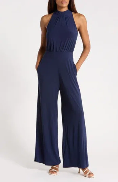 West K Halter Neck Wide Leg Jumpsuit In Blue