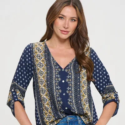 West K Lina Roll-tab Sleeve V-neck Blouse In Blue