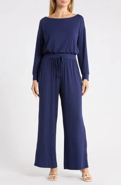 West K Long Sleeve Wide Leg Jumpsuit In Navy