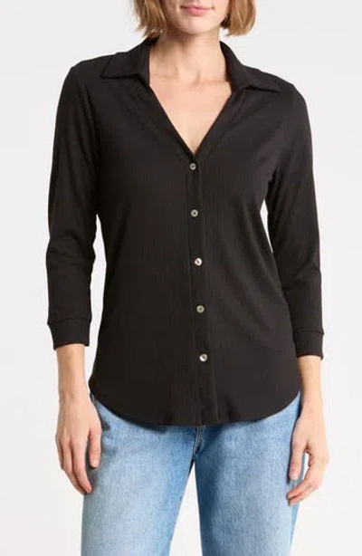West K Ribbed Button Front Three Quarter Sleeve Top In Black