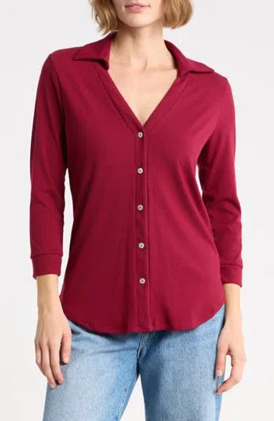 West K Ribbed Button Front Three Quarter Sleeve Top In Animal Print