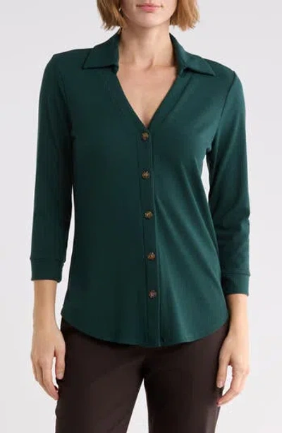 West K Ribbed Button Front Three Quarter Sleeve Top In Animal Print
