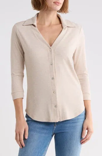 West K Ribbed Button Front Three Quarter Sleeve Top In Neutral