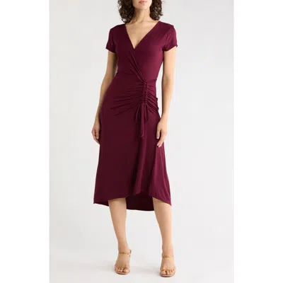 West K Ruched Wrap Midi Dress In Burgundy