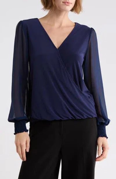 West K Sheer Sleeve Faux Wrap Top In Blue
