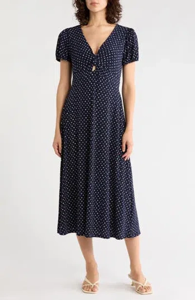 West K Short Sleeve Keyhole Dress In Navy Dot
