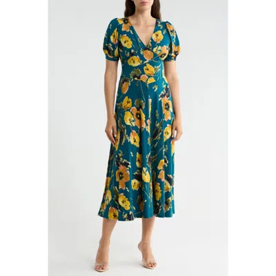 West K Short Sleeve V-neck Midi Dress In Teal Floral