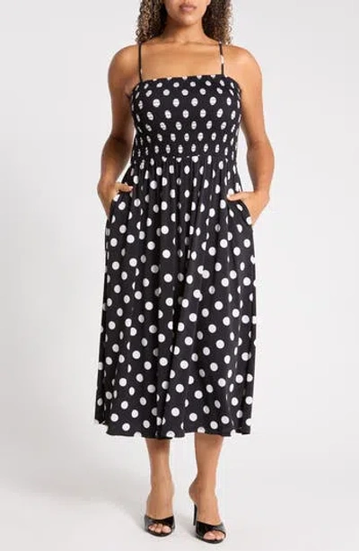West K Smocked Bodice Midi Dress In Bk Wht Dot