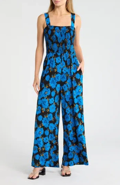 West K Smocked Knit Sleeveless Jumpsuit In Blue