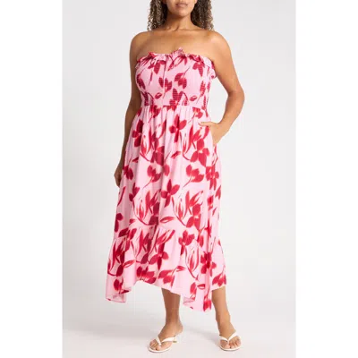 West K Smocked Strapless Midi Dress In Pink Floral